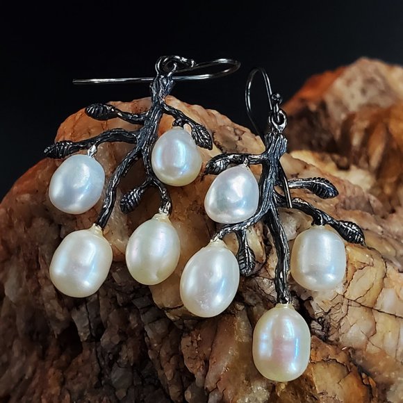 Sterling Silver 925/Black Rhodium Earrings Freshwater Real Genuine Pearl - Picture 1 of 12